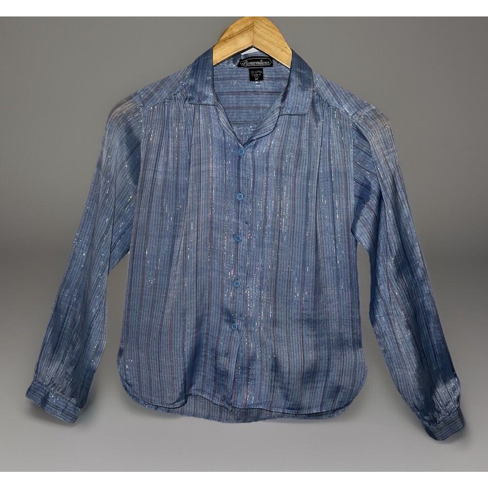 Vtg 70s 80s Promotions Blue Blouse Rainbow Metallic Stripe M Disco Glam Shimmer